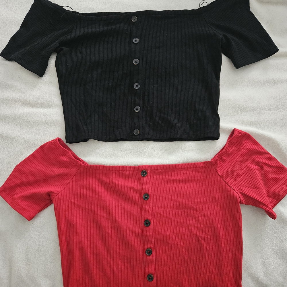 Express Black and Red Off-Shoulder Buttoned Blouses